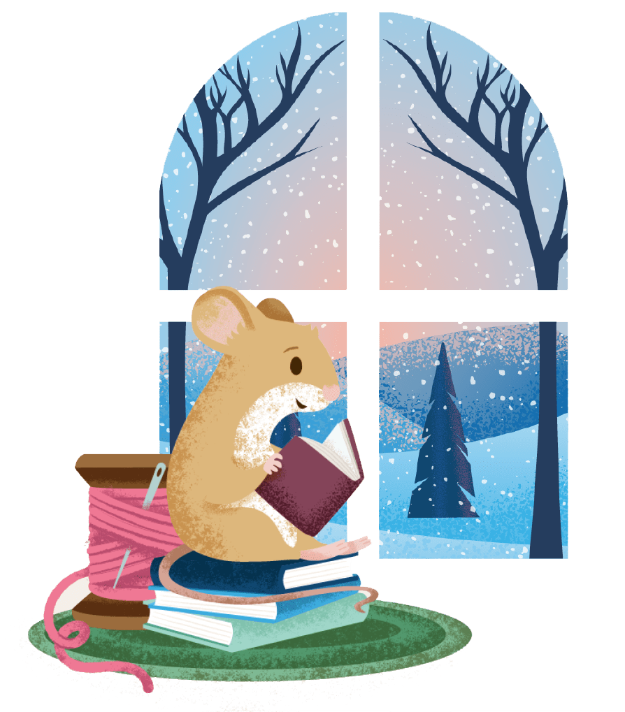 An illustration of a mouse seated on a pile books, reading near a window overlooking a winter scene